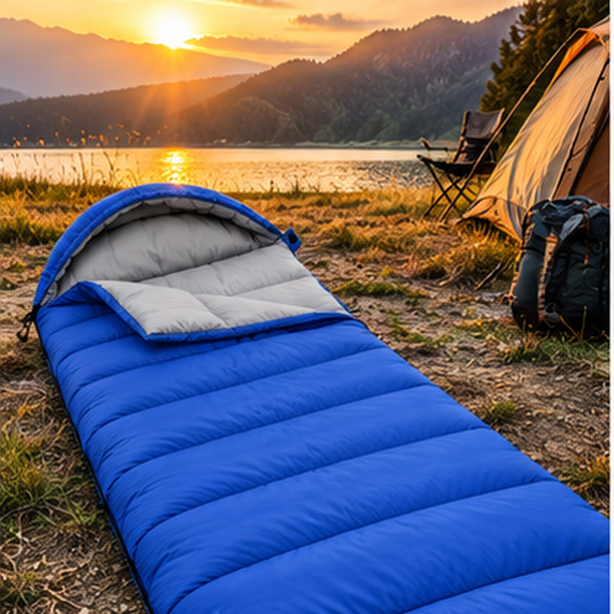 Hooded Sleeping Bag for Camping - Blue outdoor lifestyle image