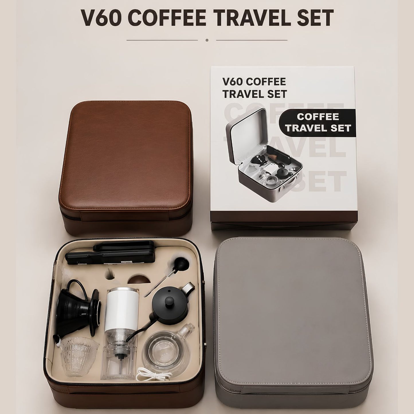 YXYKPPET V60 Coffee Travel Set with Electric Grinder, Digital Scale & Leather Carry Case 12-Piece Pour Over Coffee Kit