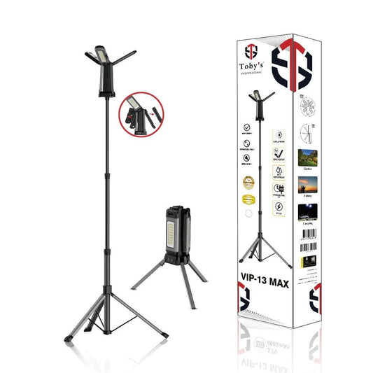 Toby's VIP 13 Max camping light with tripod, compact mode and retail packaging