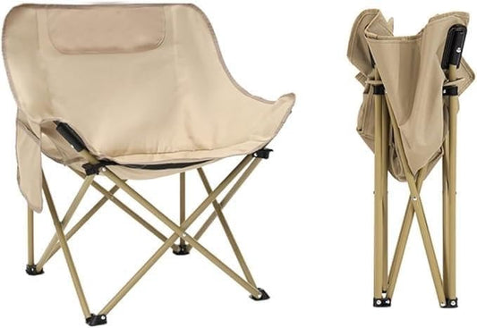 Foldable Camping Chair with Side Pocket & Carry Bag - Beige