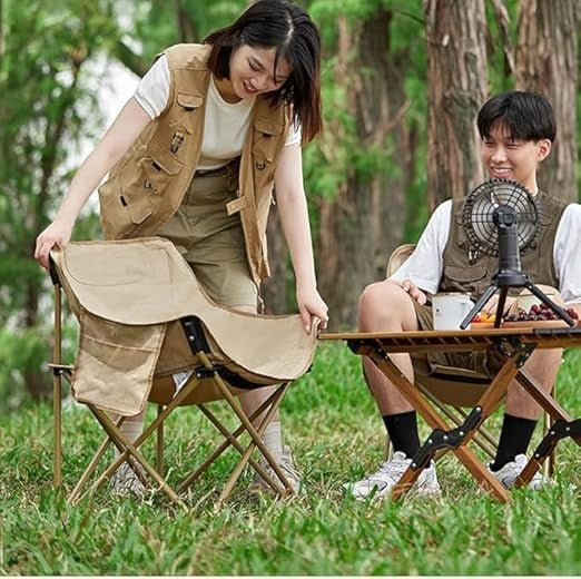 Foldable Camping Chair with Side Pocket & Carry Bag - Beige
