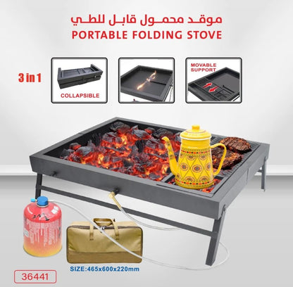 3-in-1 Camping Stove for Gas & Charcoal with Carry Bag