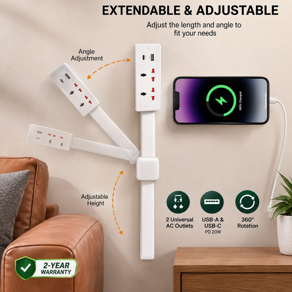 Green Lion Power Link Universal Power Strip 2200W – White