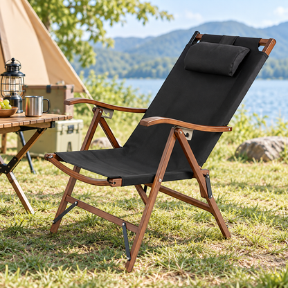 Foldable Camping Chair with Adjustable Headrest - Black outdoor lifestyle