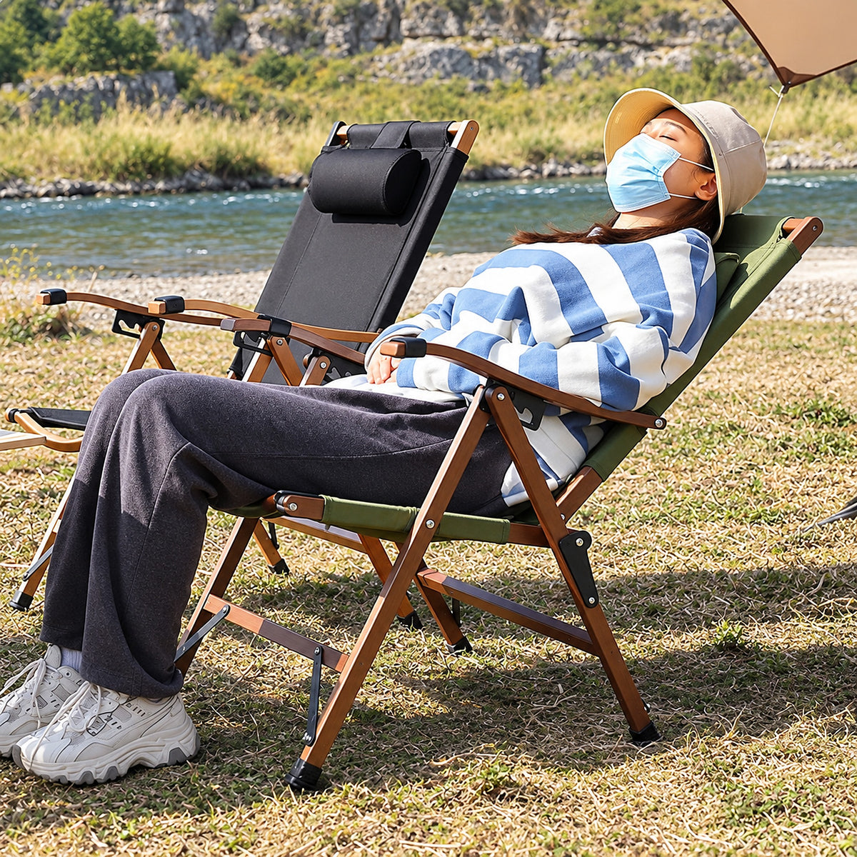 Foldable Camping Chair with Adjustable Headrest - lifestyle reclining use