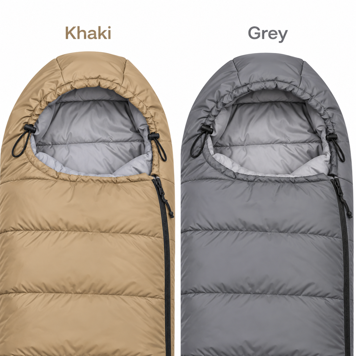 Hooded Envelope Sleeping Bag for Camping - Khaki and Grey hood detail