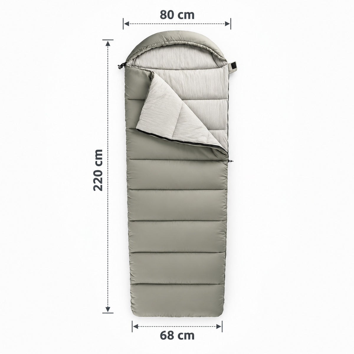 Hooded Envelope Sleeping Bag for Camping - dimensions 220 cm x 80 cm x 68 cm