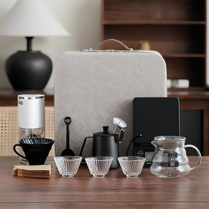 YXYKPPET V60 Coffee Travel Set with Electric Grinder, Digital Scale & Leather Carry Case 12-Piece Pour Over Coffee Kit