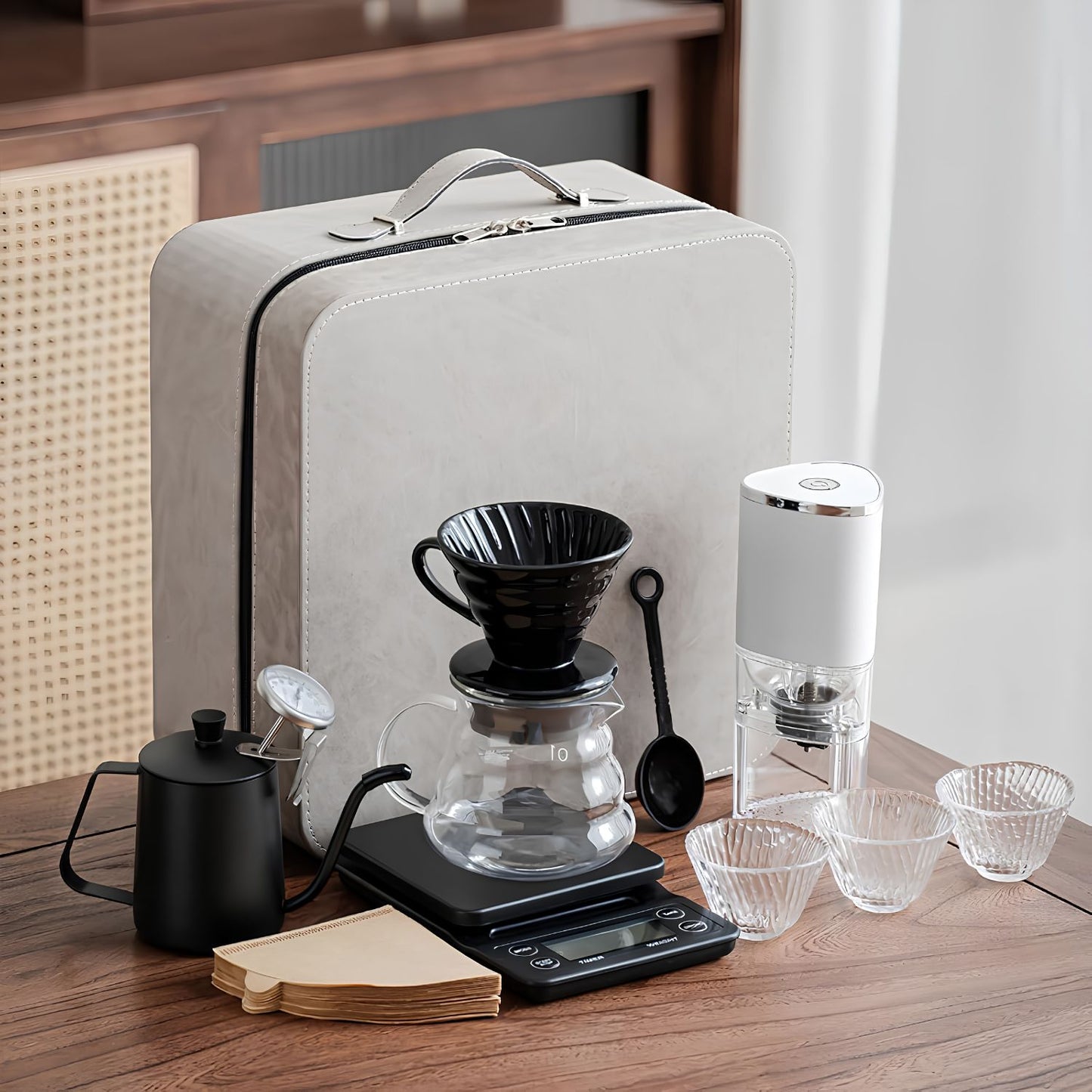 YXYKPPET V60 Coffee Travel Set with Electric Grinder, Digital Scale & Leather Carry Case 12-Piece Pour Over Coffee Kit