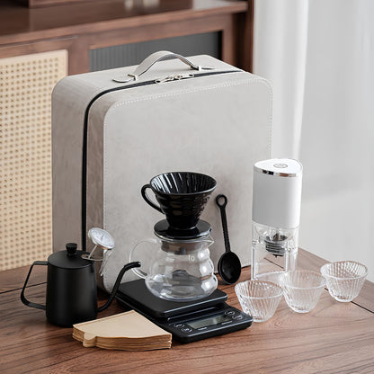 YXYKPPET V60 Coffee Travel Set with Electric Grinder, Digital Scale & Leather Carry Case 12-Piece Pour Over Coffee Kit
