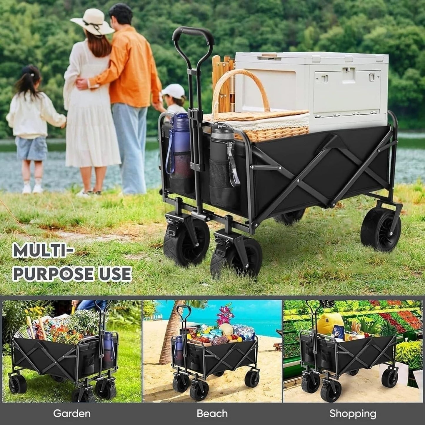 ARVEX Foldable Utility Cart 200L Heavy Duty Wagon with All-Terrain Wheels for Camping, Beach, Garden & Shopping