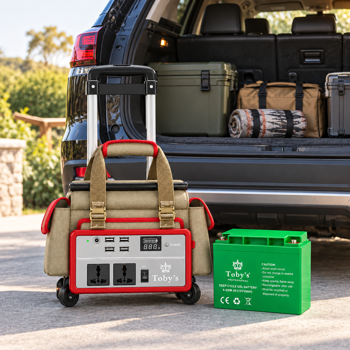 Toby's BTY 100 portable power station near car trunk