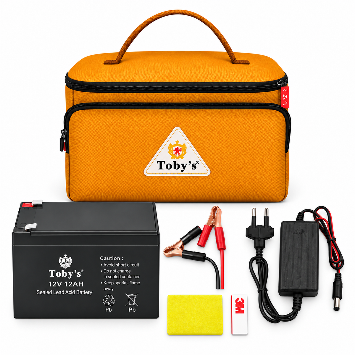 Toby's BTY 12A rechargeable camping battery kit - carrying bag, battery and accessories