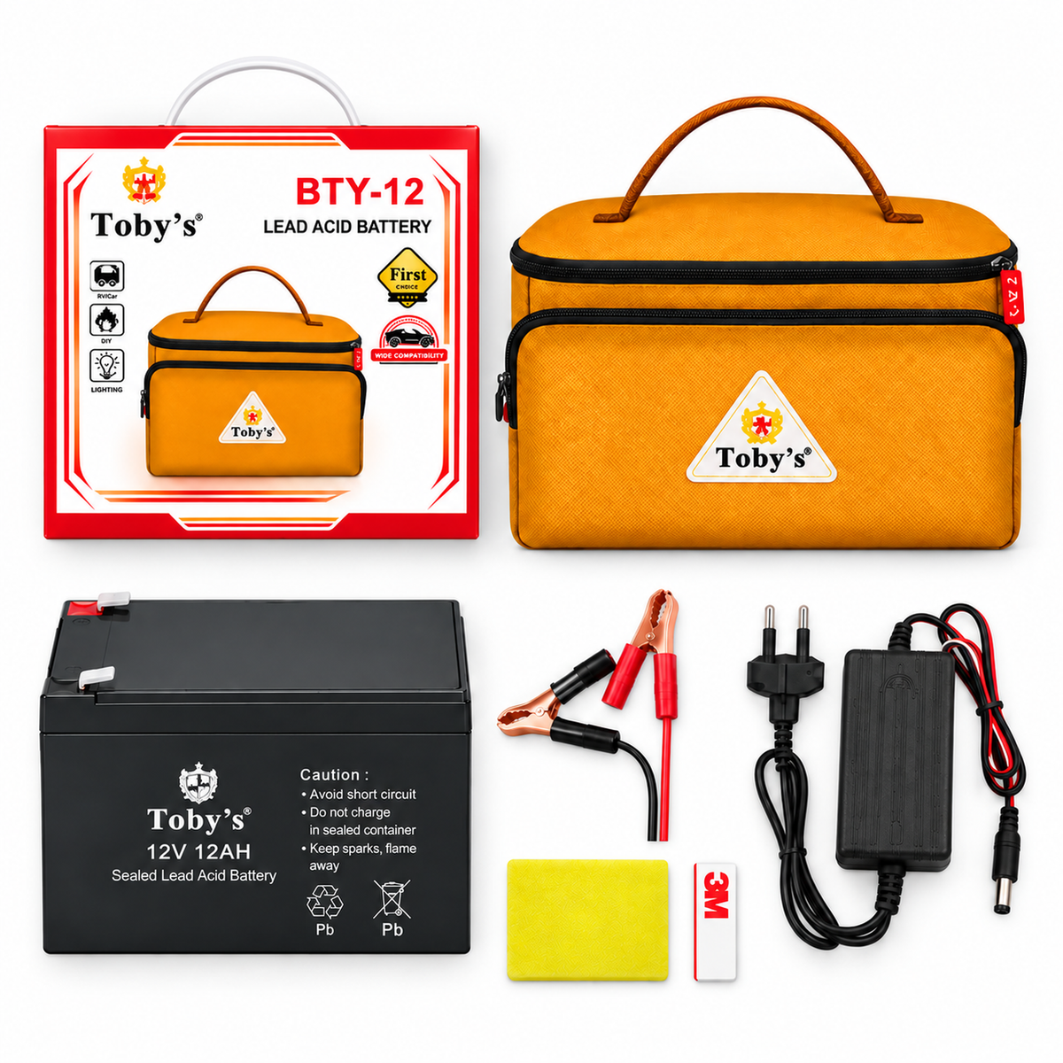 Toby's BTY 12A rechargeable camping battery kit - full contents flat lay