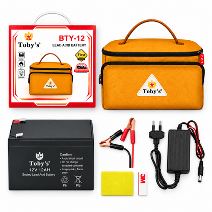 Toby's BTY 12A rechargeable camping battery kit - full contents flat lay