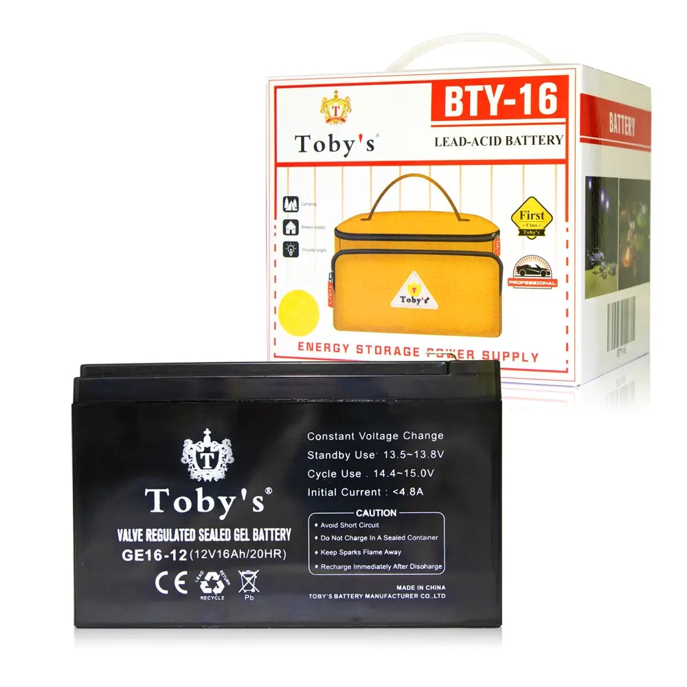 Toby's BTY 16A 12V 16000mAh sealed gel camping battery with retail box