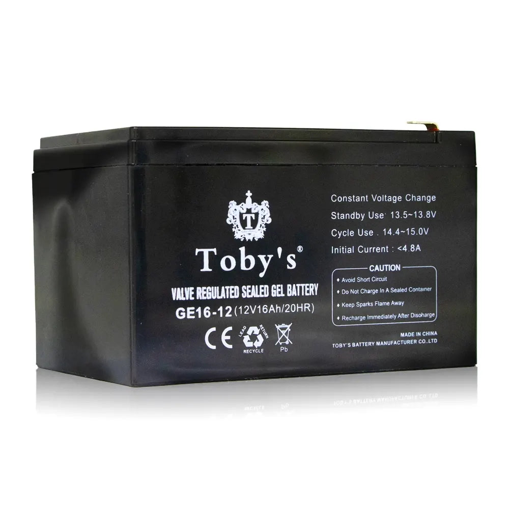 Toby's GE16-12 12V 16Ah valve regulated sealed gel battery used in BTY 16A