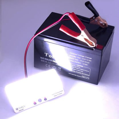 Toby's BTY 16A 12V 16000mAh battery powering a camping light