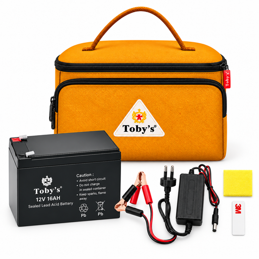 Toby's BTY 16A 12V camping battery with carrying bag and accessories