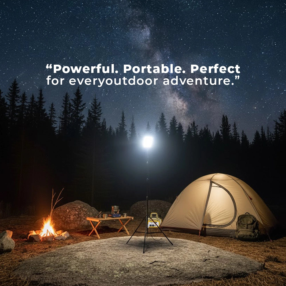 Toby's BVT-01 camping light illuminating an outdoor campsite