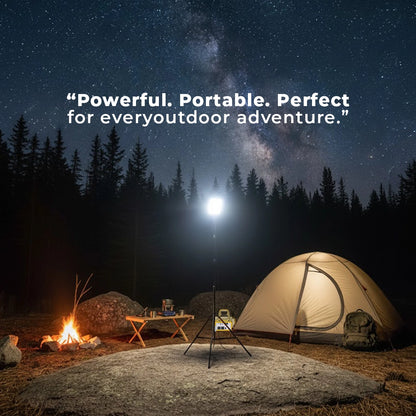 Toby's BVT-01 camping light illuminating an outdoor campsite