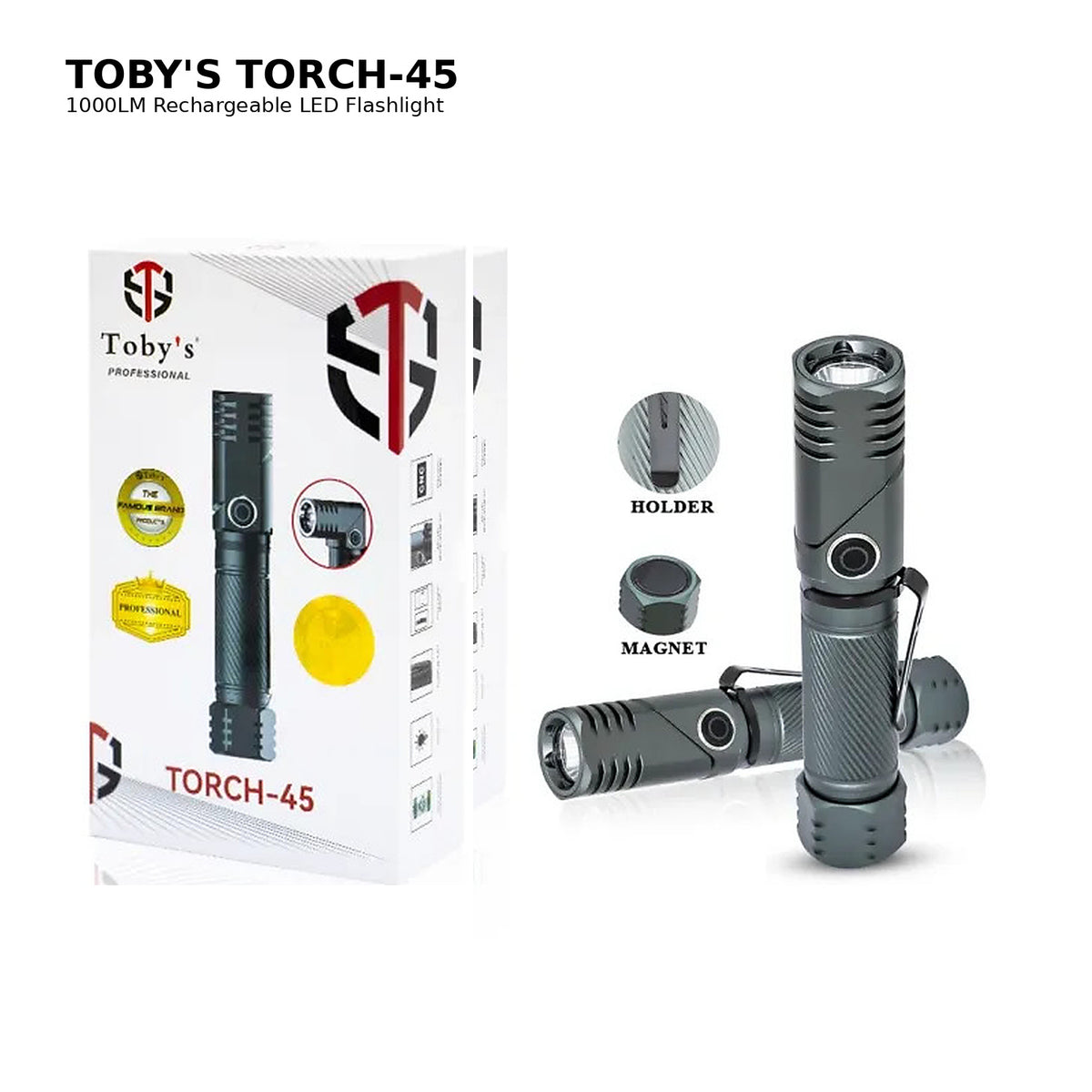 Toby's Torch 45 1000LM rechargeable LED flashlight official product and box