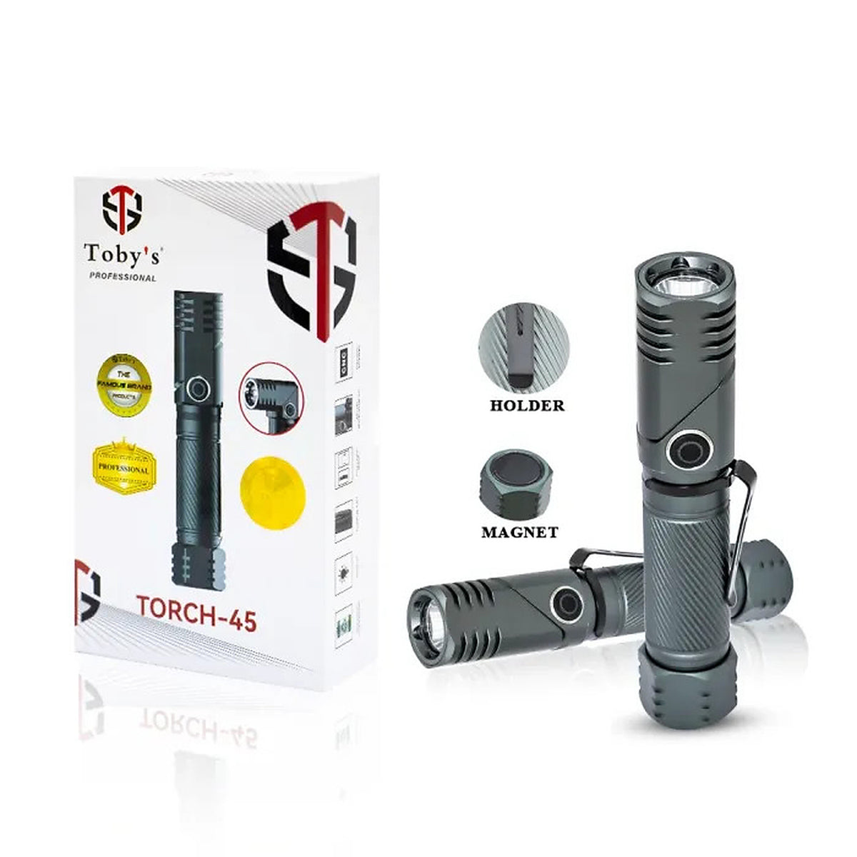 Toby's Torch 45 official product image with holder and magnet