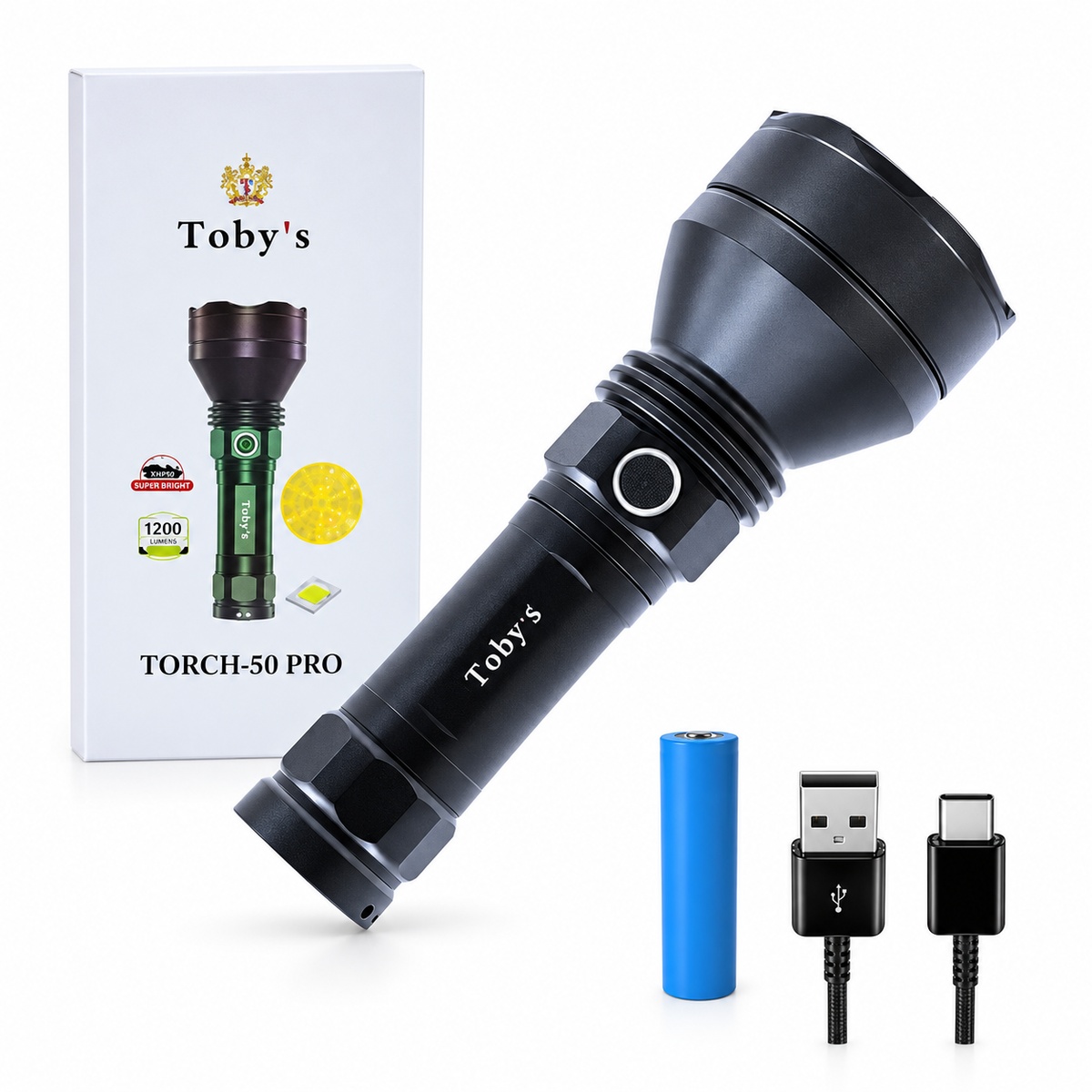 Toby's Torch 50 Pro 2000LM rechargeable LED flashlight with box and accessories