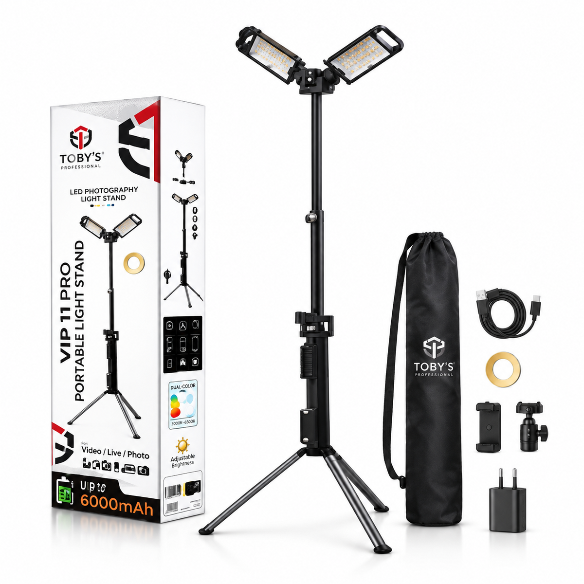 Toby's VIP 11 Pro rechargeable camping light with tripod and accessories