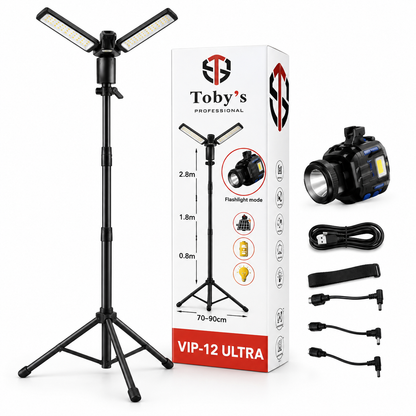 Toby's VIP 12 Ultra rechargeable camping light with tripod and torch accessories