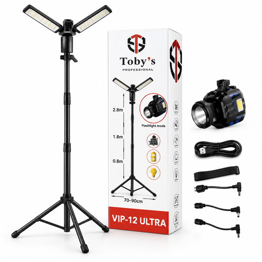 Toby's VIP 12 Ultra rechargeable camping light with tripod and torch accessories