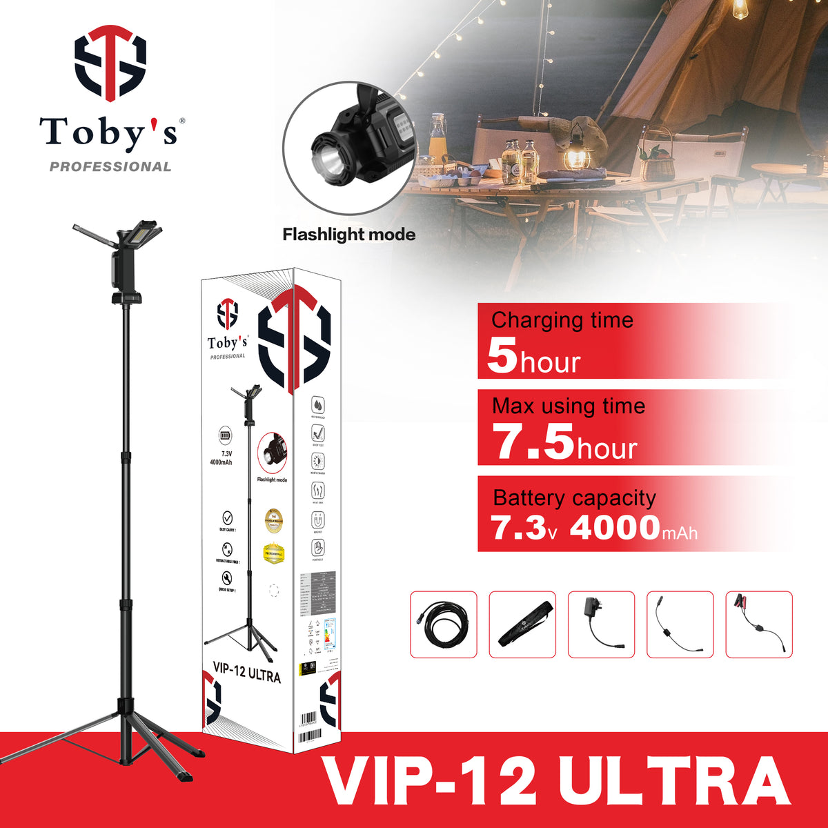 Toby's VIP 12 Ultra camping light with tripod, packaging and specifications