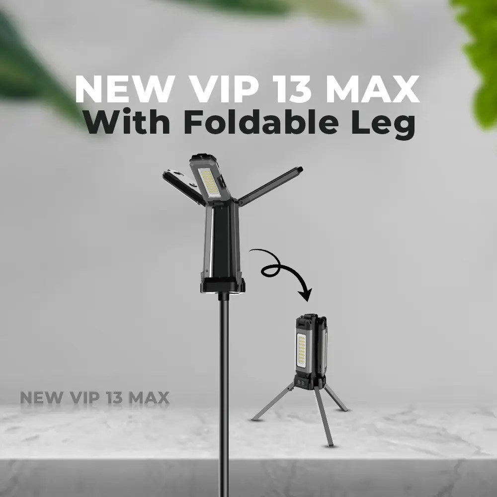 Toby's VIP 13 Max camping light showing foldable leg and compact mode