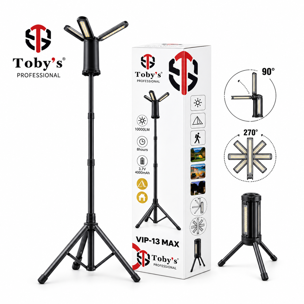 Toby's VIP 13 Max rechargeable camping light with tripod and adjustable lighting heads