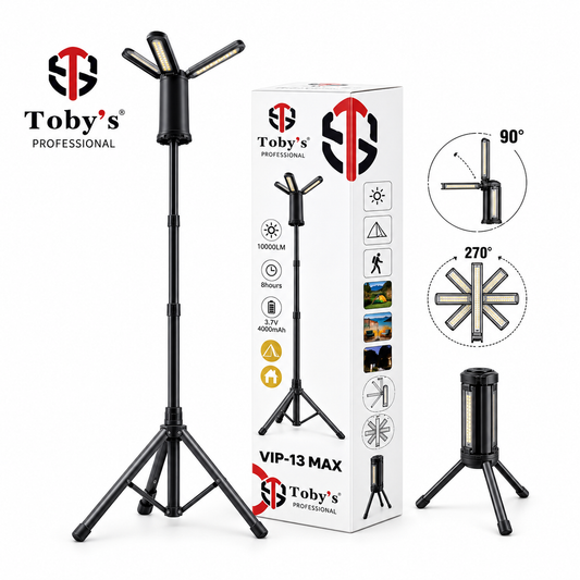 Toby's VIP 13 Max rechargeable camping light with tripod and adjustable lighting heads