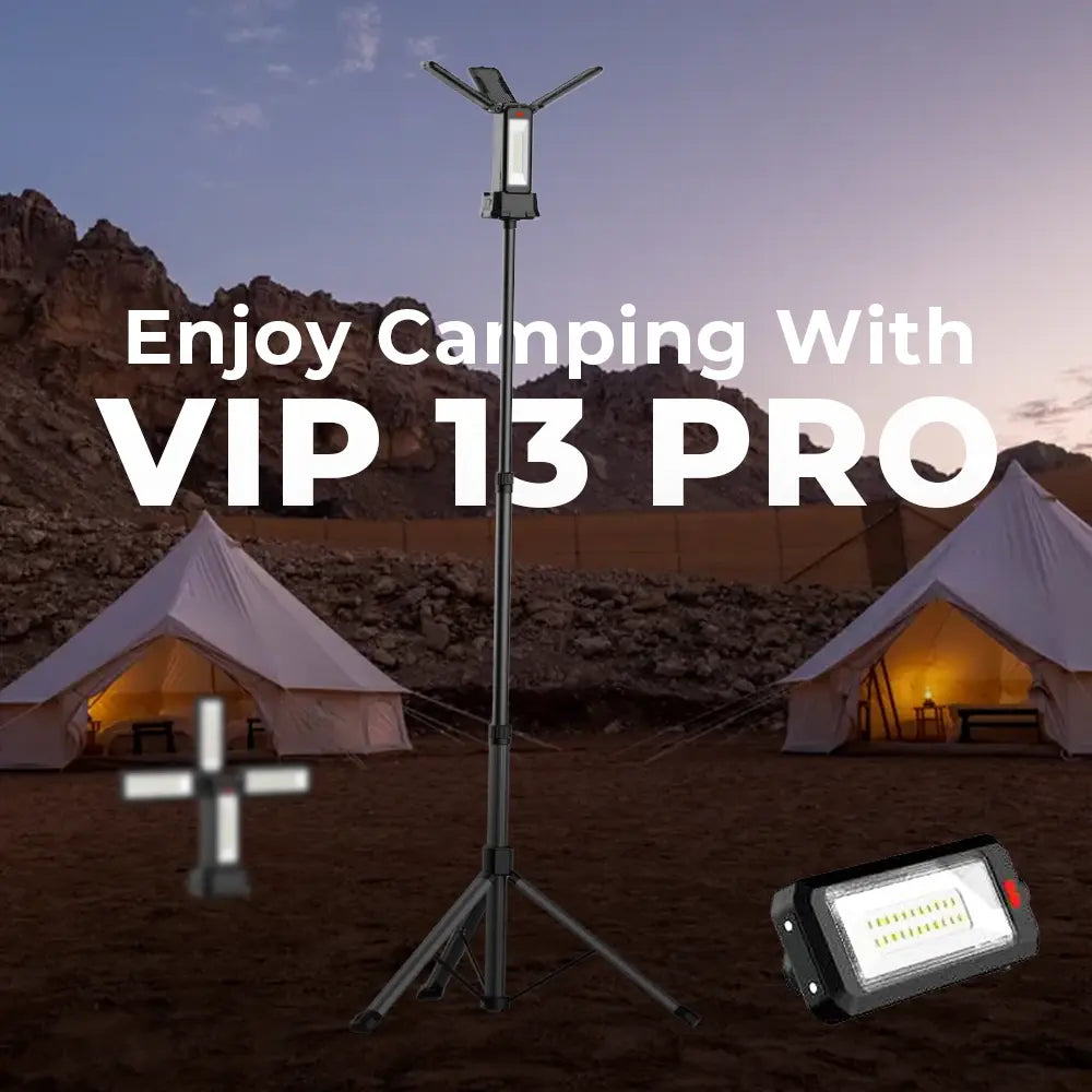 Toby's VIP 13 Pro camping scene with tripod
