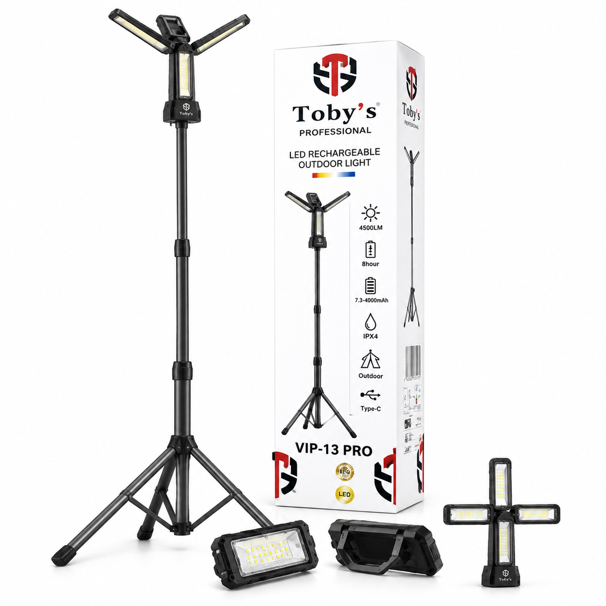Toby's VIP 13 Pro rechargeable camping light with tripod and lighting heads