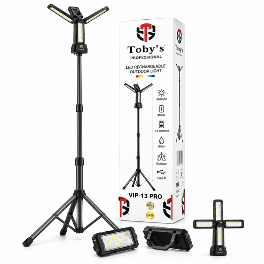 Toby's VIP 13 Pro rechargeable camping light with tripod and lighting heads