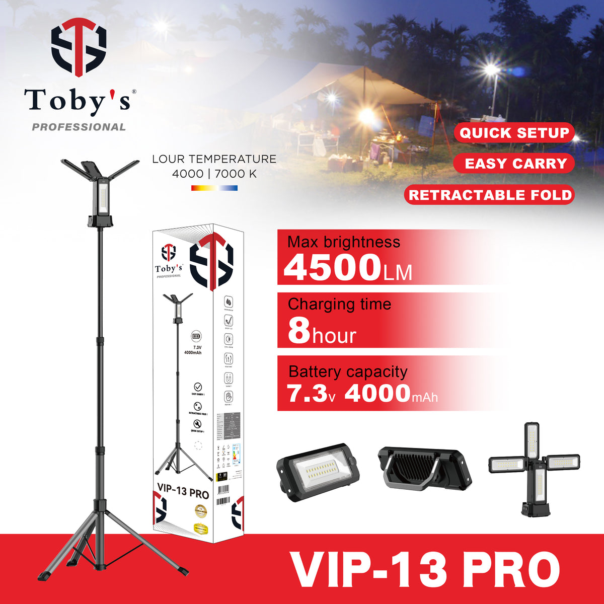 Toby's VIP 13 Pro 4500LM rechargeable camping light with telescopic tripod