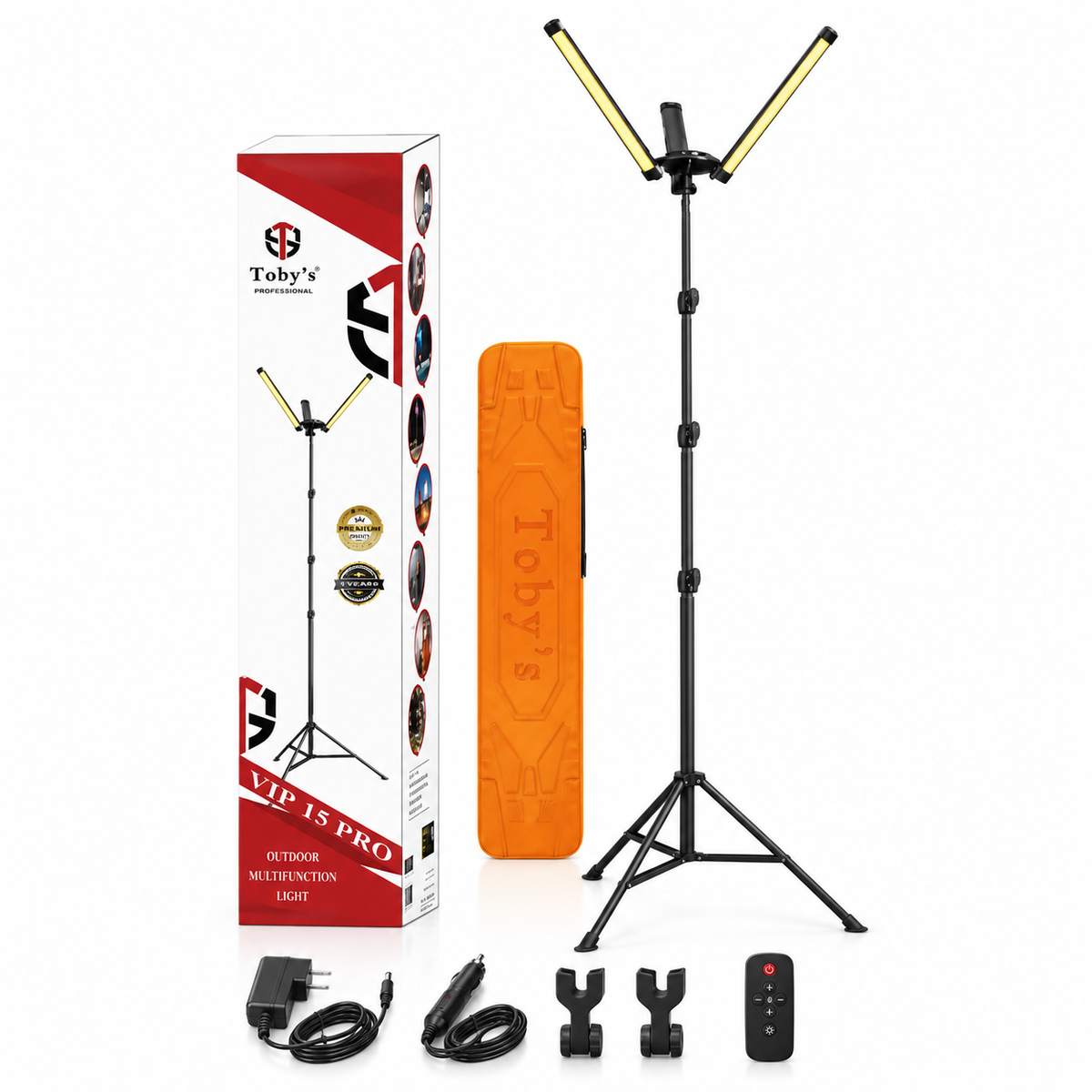 Toby's VIP 15 Pro camping light with tripod, case and accessories