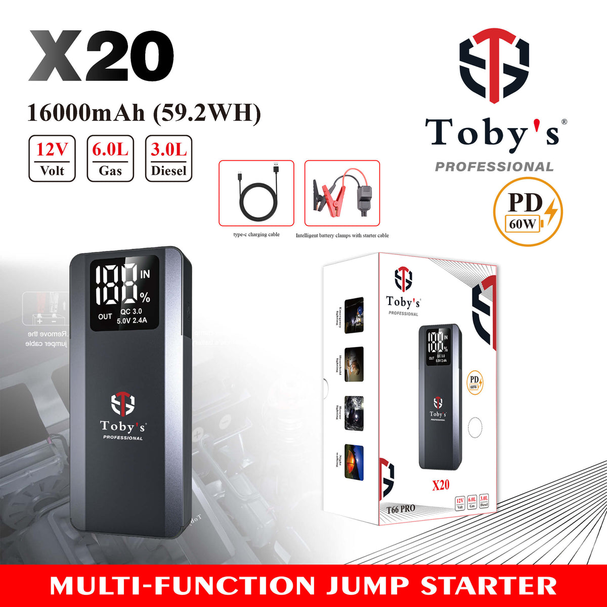 Toby's X20 16000mAh 1000A 12V Jump Starter official specifications