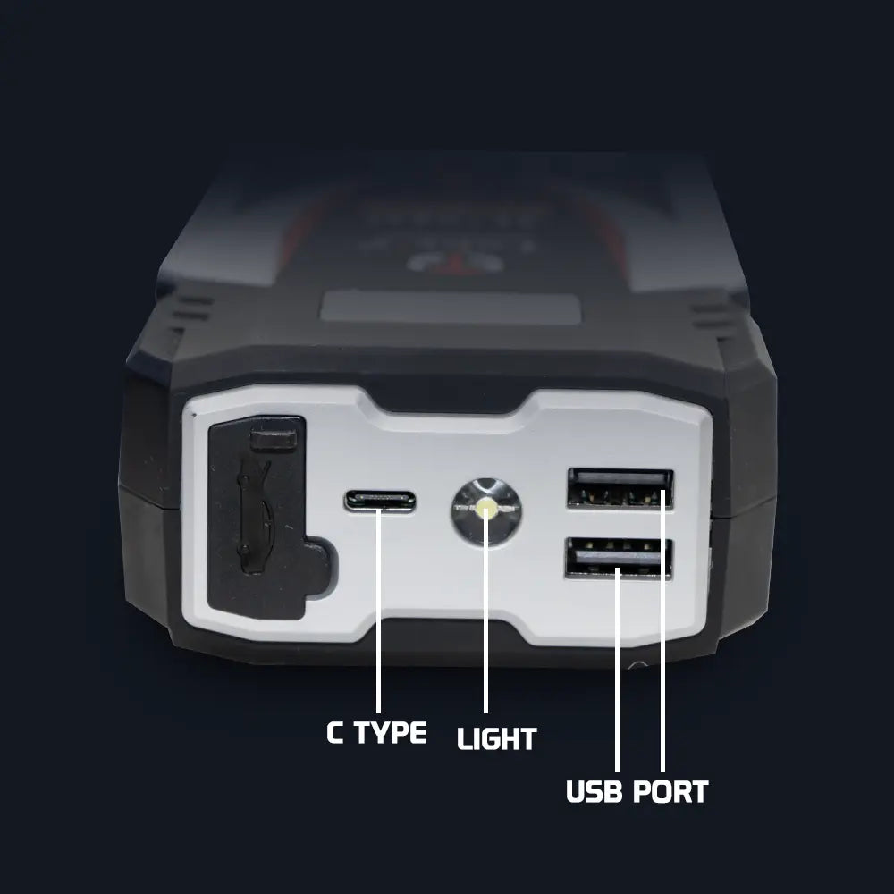 Toby's X6 jump starter USB Type-C ports and LED light
